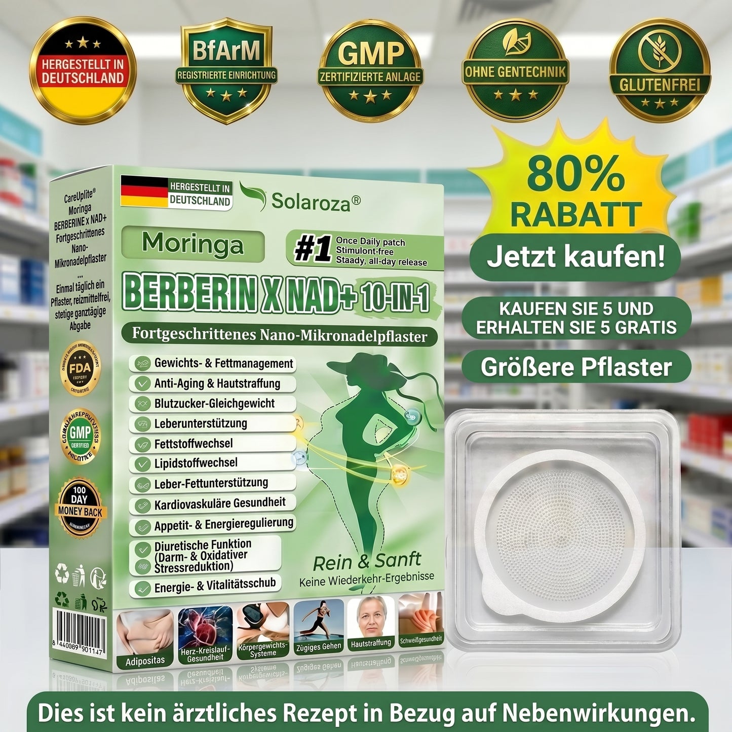 CE-zertifiziert & GMP-zertifiziert | 🧑‍⚕️🩺 Solaroza® Moringa & Berberin 10-IN-1 Fortschrittliches Nano-Mikronadelpflaster | Wissenschaftlich belegt | 10-in-1 Formel | Ergebnisse in 5 Tagen🚀